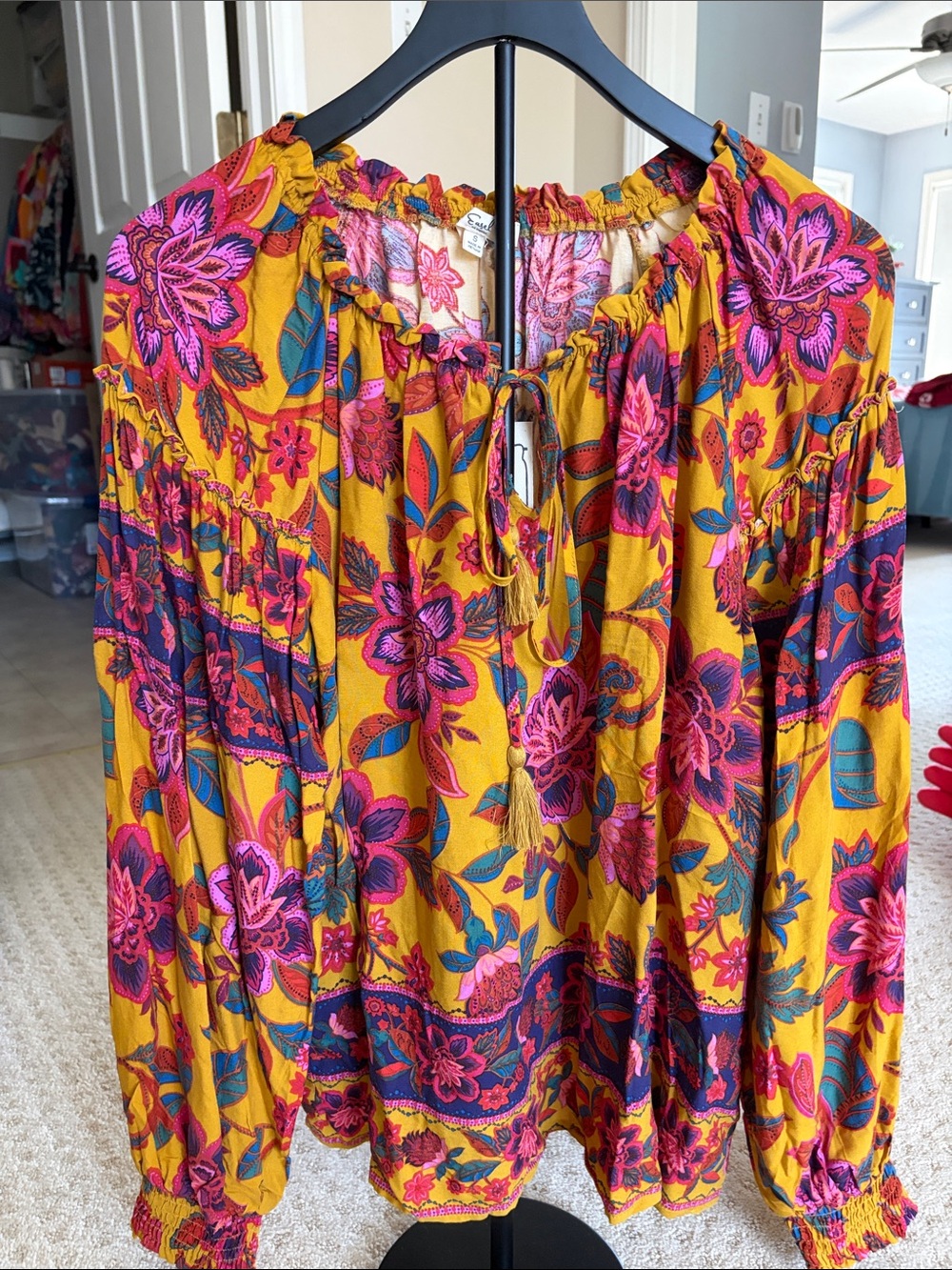 Mustard Floral Peasant Blouse with Pink & Teal Accents